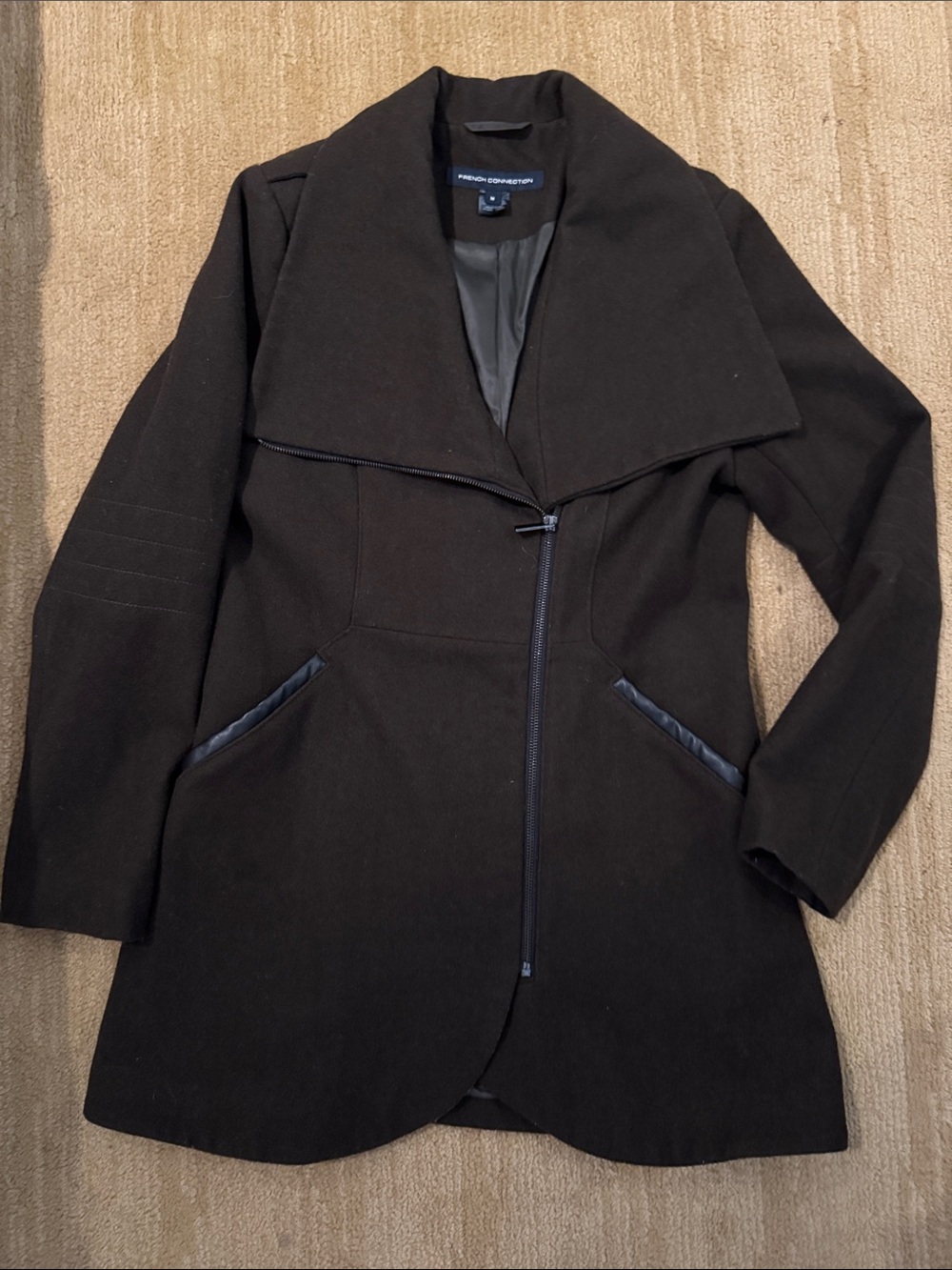 French Connection olive green Asymmetrical Zip Peacoat